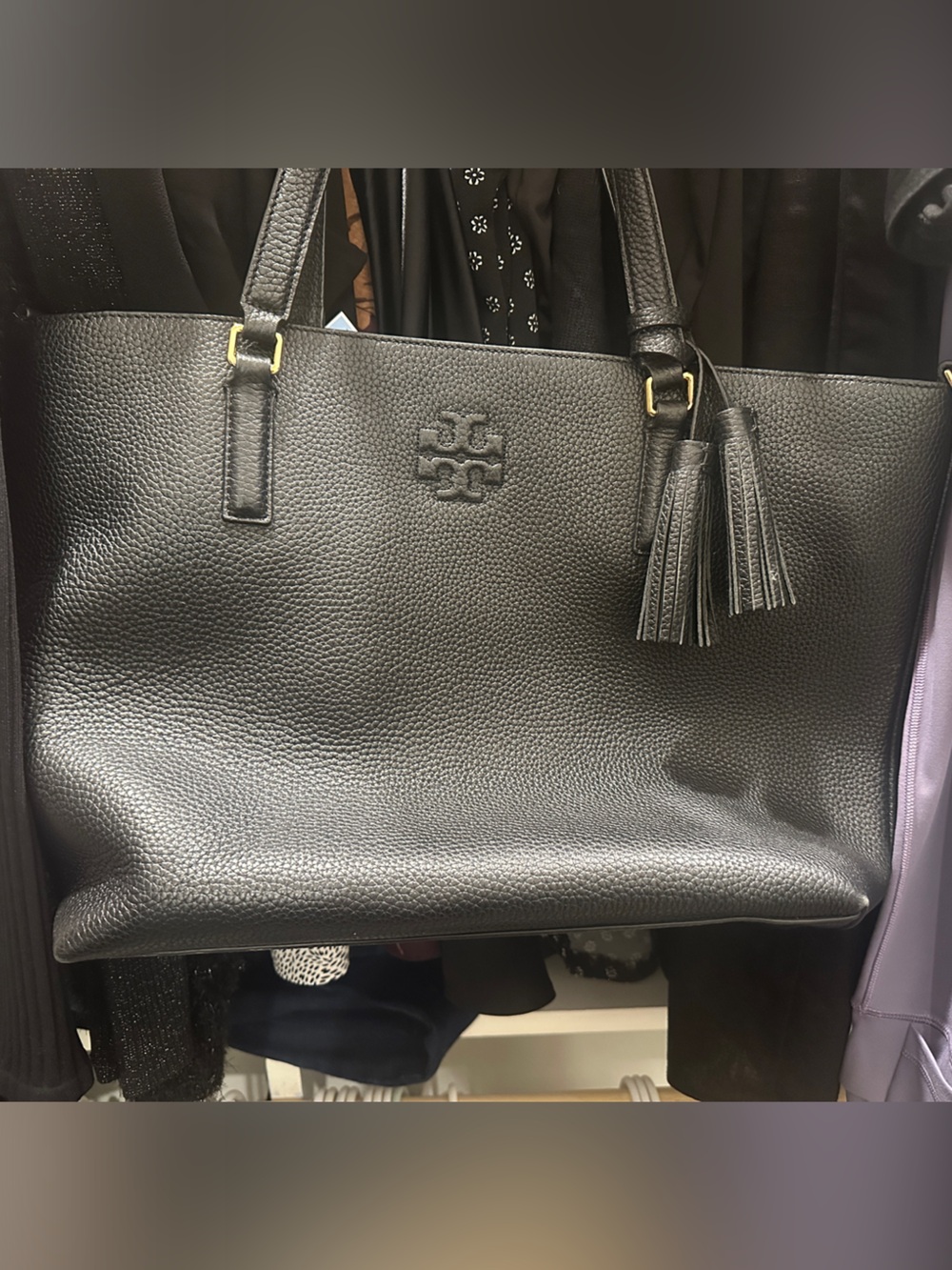 Tory Burch Black Pebbled Leather Tote with Tassel Charm